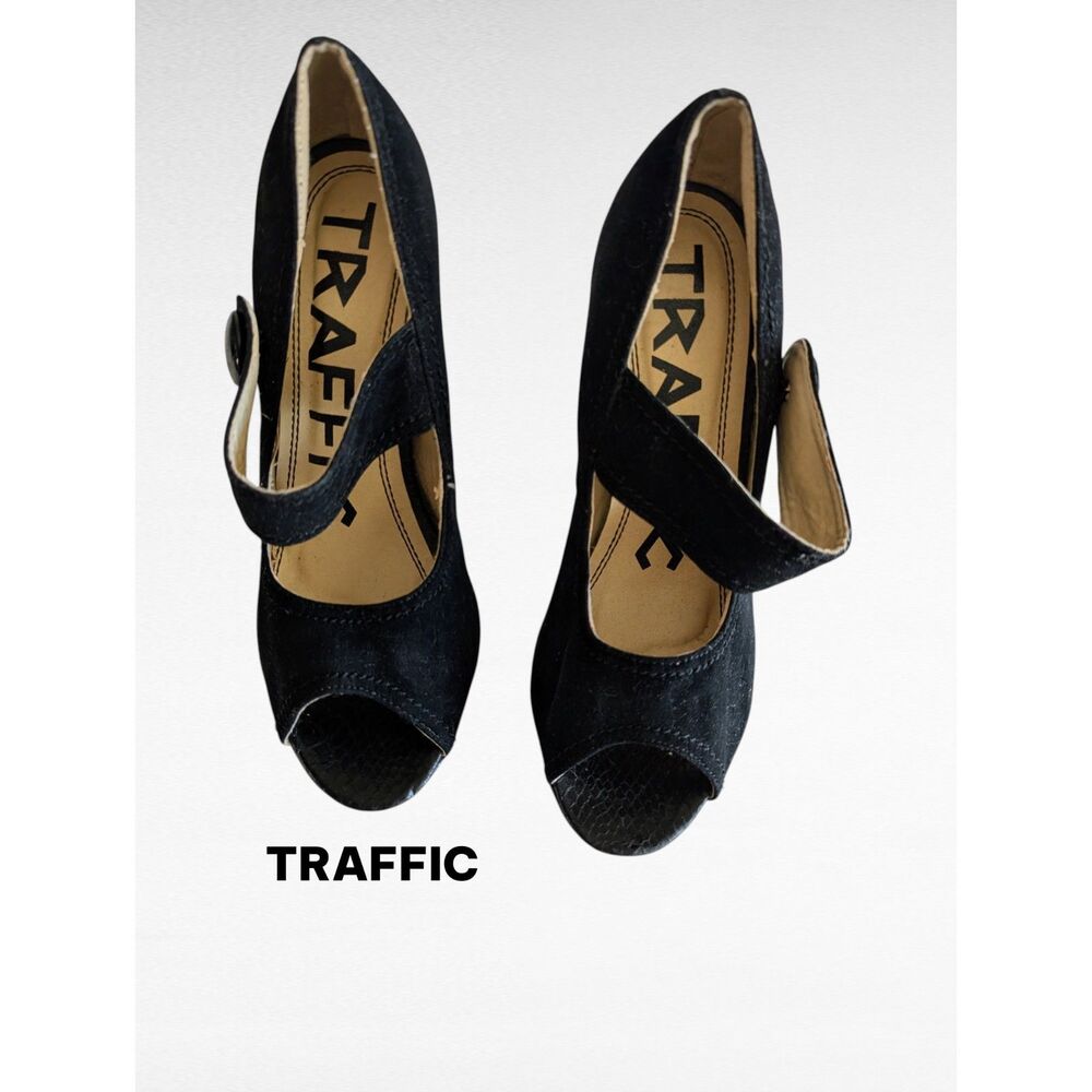Traffic Black Peep Toe Platform Heels Mary Jane Chunky Block Heel Sz10